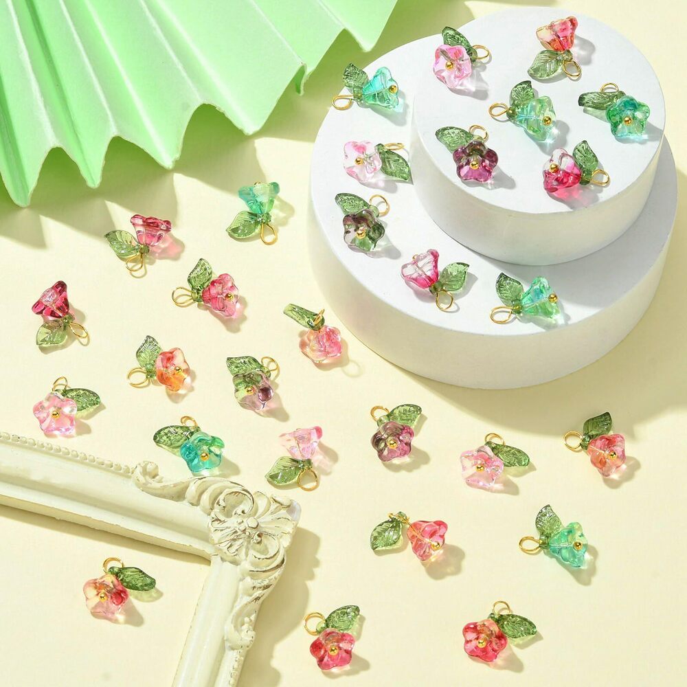 5398 50pcs 5 Colors Trumpet Flower Glass Charms Floral Leaf Transparent - Picture 7 of 9